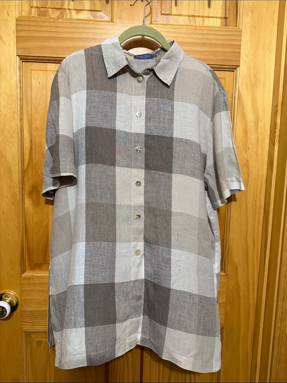 Marco Pecci Men’s Short-Sleeve Button-Down Linen Shirt, Plaid.  Size 42/Large.